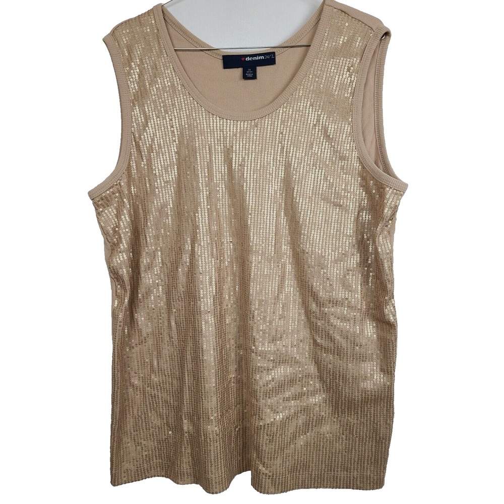 Denim 24/7 Tank Top Womens 1X Beige Sequined Ribbed Sleeveless Glam Party